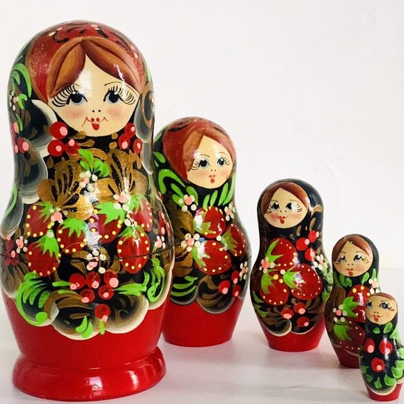 Vintage Handpainted Russian Wooden Matryoshka Stacking Nesting Dolls Set of 5 - Picture 12 of 12